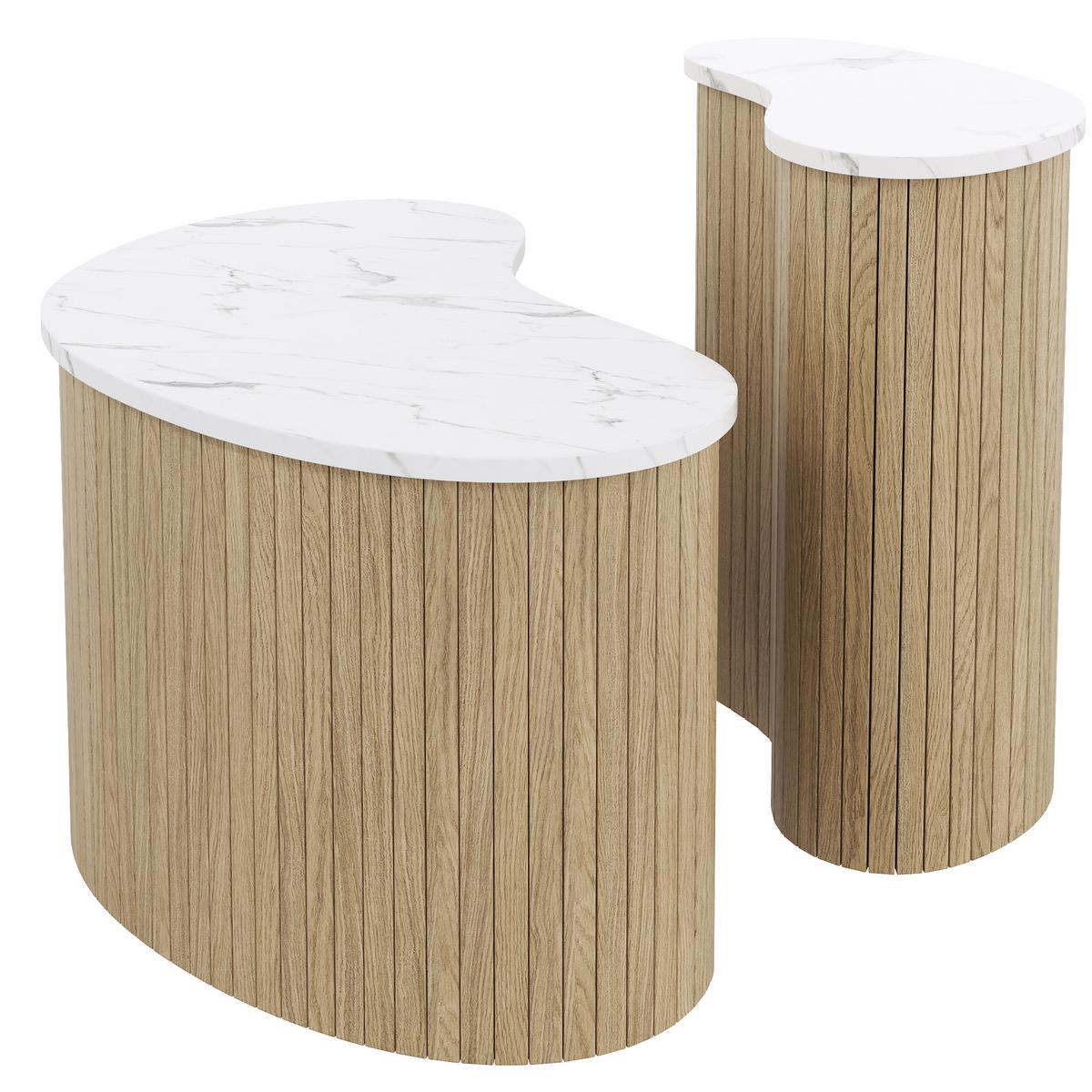 COUCHTISCH 2er Set in Marmor-Optik & Naturholz-Design - Weiß, Holzwerkstoff (37/60/38cm) - Urban Meuble