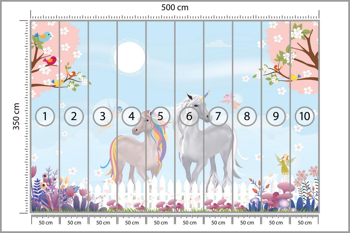 FOTOTAPETE für Kinderzimmer Einhörner Wiese Vögel Bäume Blumen 500x350 - Multicolor, Papier (500/350cm) - Muralo