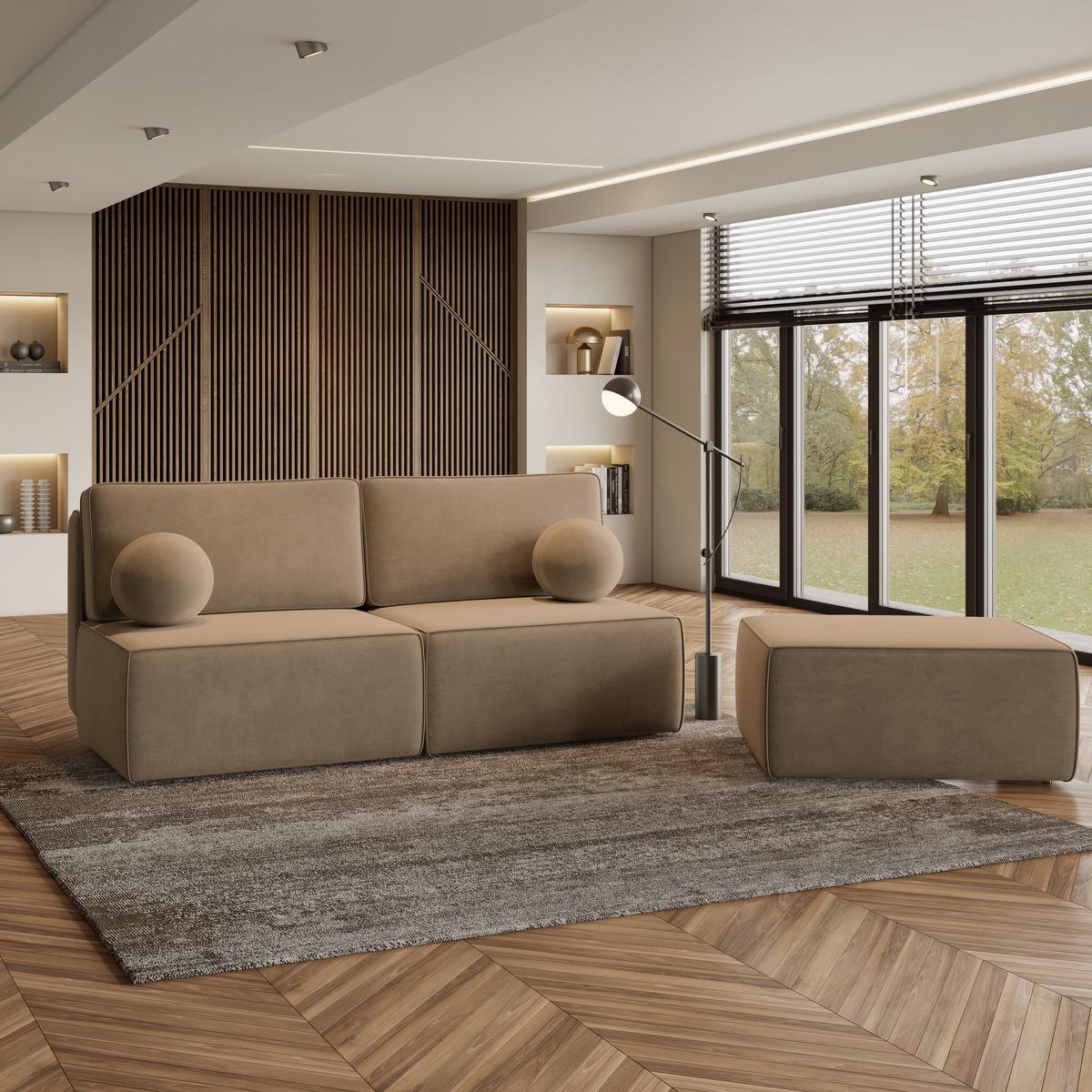 ECKSOFA VARNA M Beige Velours-Stoff mit Schlaffunktion - Beige/Grau, Holz/Kunststoff (196/158cm) - MASSENO