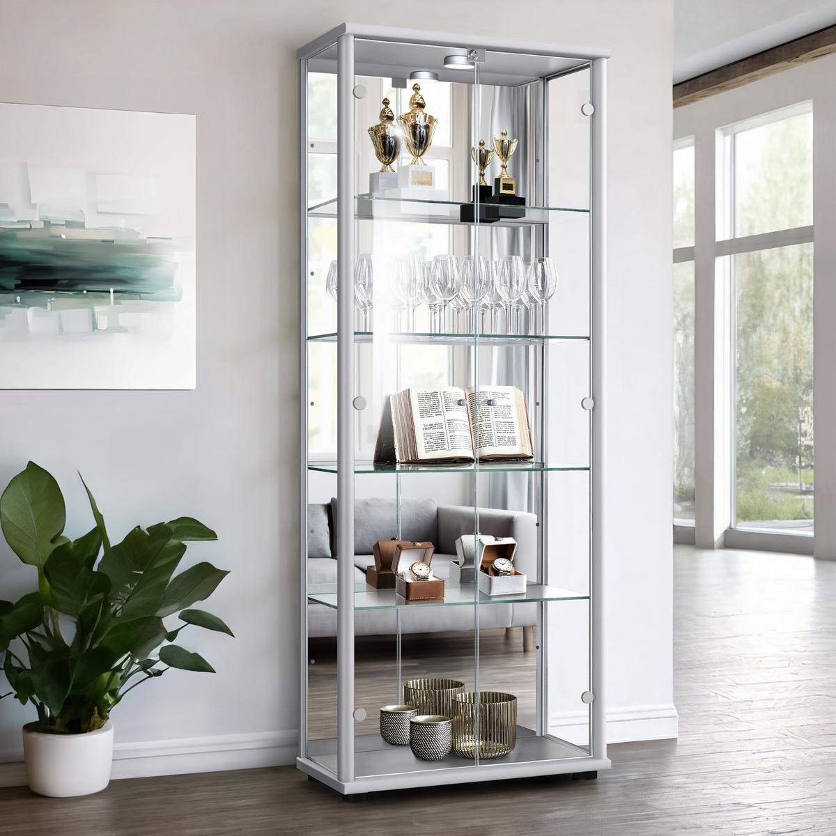 VITRINE 33/67/176 cm mit Spiegel, LED, Schloss & 4 höhenverstellbaren Glasböden - Transparent/Silberfarben, Glas/Holzwerkstoff (67/176/33cm) - K-Möbel