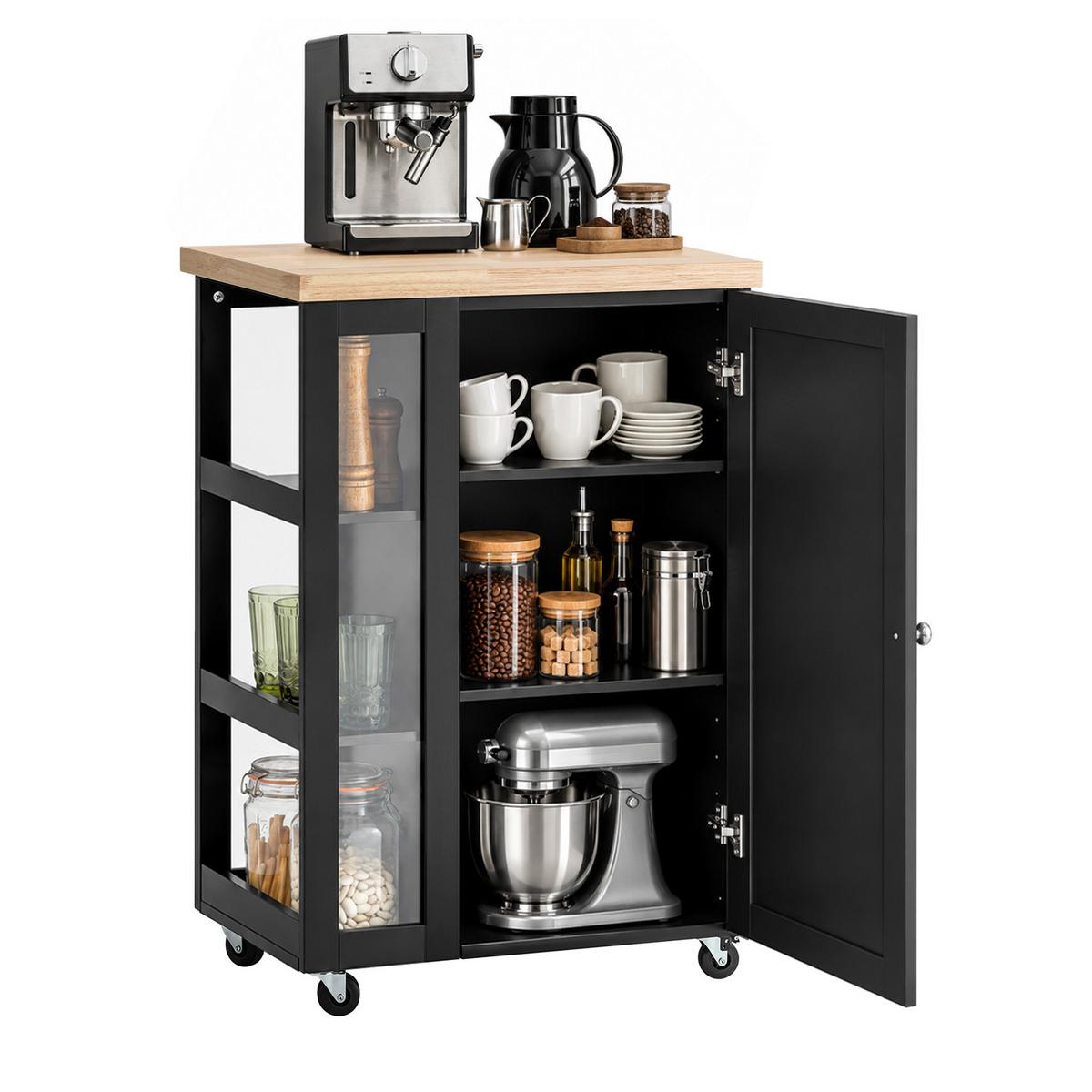 KÜCHENWAGEN mit Rollen, 60x90x40 cm, Schwarz, 3-stufiges Seitenregal, Schrank mit verstellbaren Einlegeböden, für Küche und Esszimmer - Schwarz, Glas/Holzwerkstoff (60/90/40cm) - SoBuy