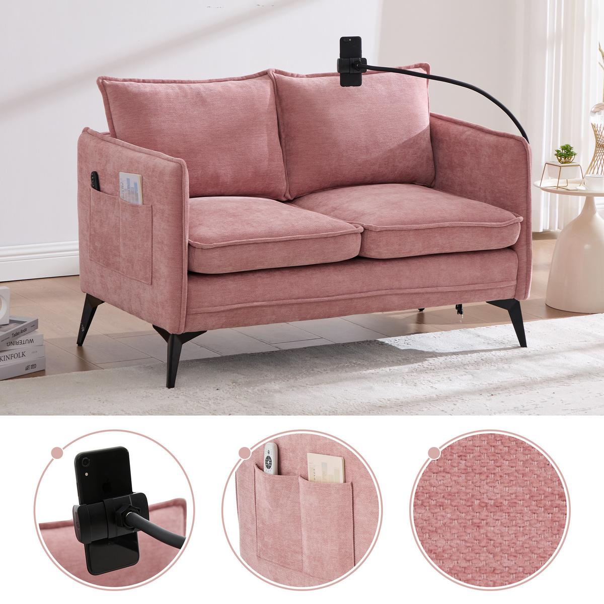 2-SITZER SOFA Chenille Mit Handy-Halter & Seitentaschen - Pink, Textil (127/66/69cm) - Urban Meuble