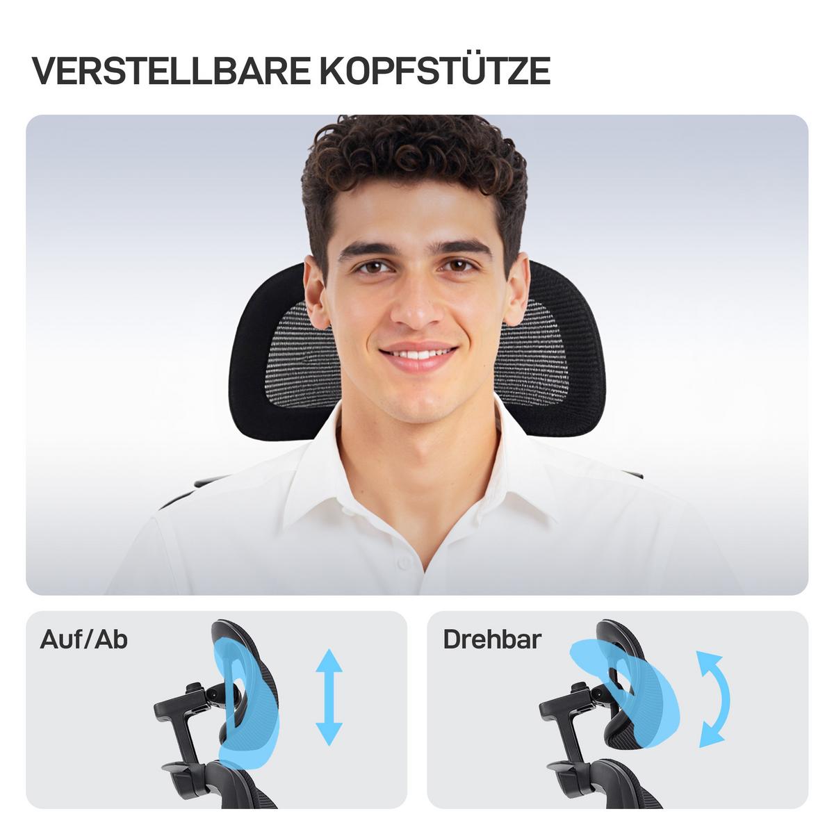 BÜROSTUHL ergonomisch mit Netzstoff, verstellbare Kopfstütze - Schwarz, Kunststoff/Textil (73/128/75cm) - HOMCOM