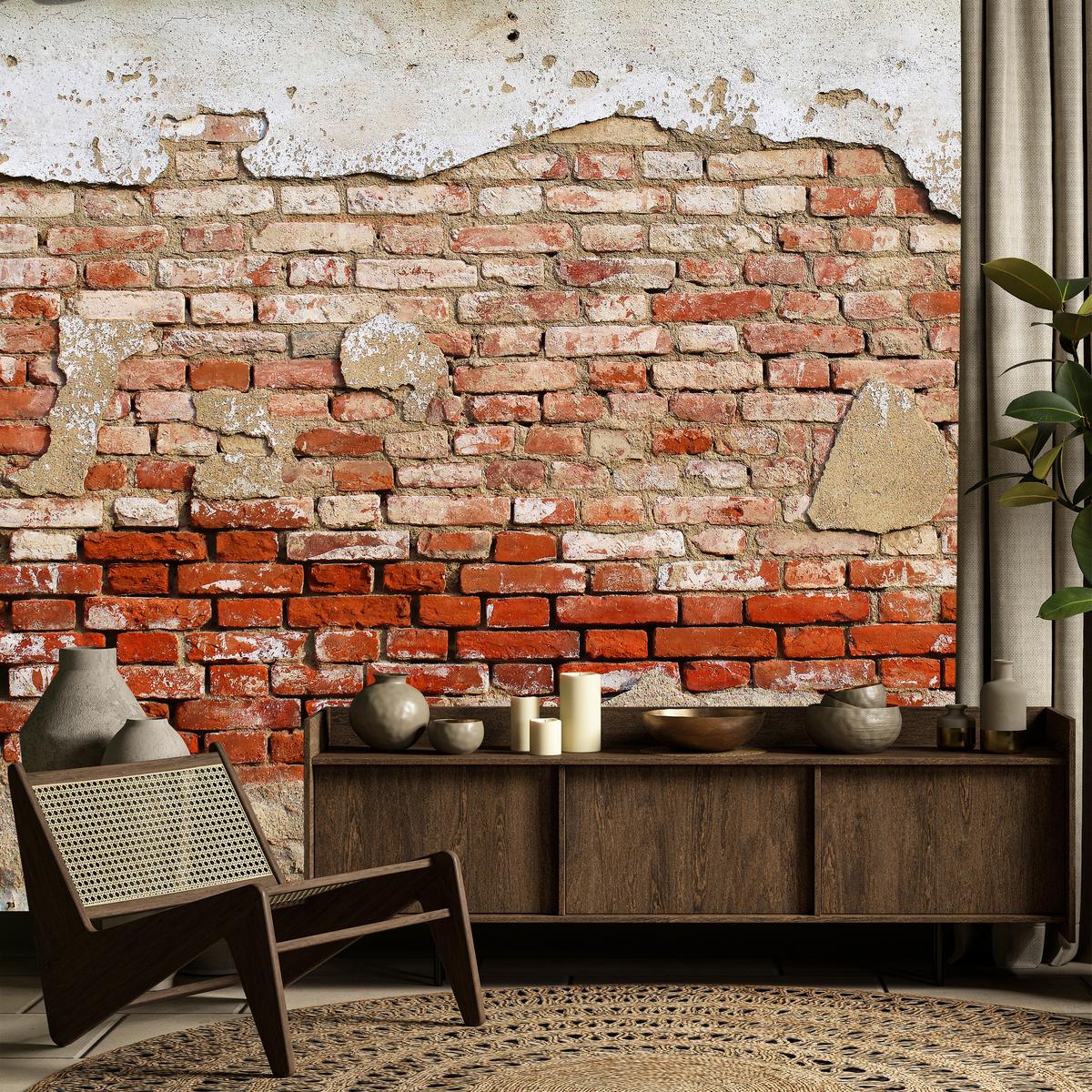 FOTOTAPETE für Wohnzimmer Alte Rissige Rote Ziegelwand Rustikal 450x315 - Beige/Rot, Papier (450/315cm) - Muralo