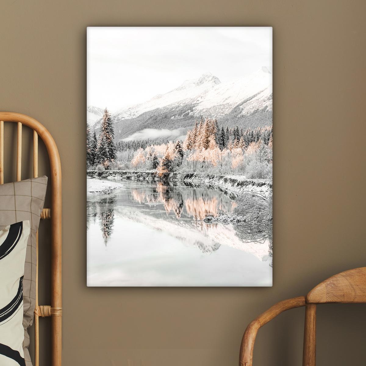 LEINWANDBILD Natur - Winter - Bäume - Berge - Schnee Wandbild Wohnzimmer 60x80 cm - Weiß Hochglanz, Textil (60/80cm) - MuchoWow