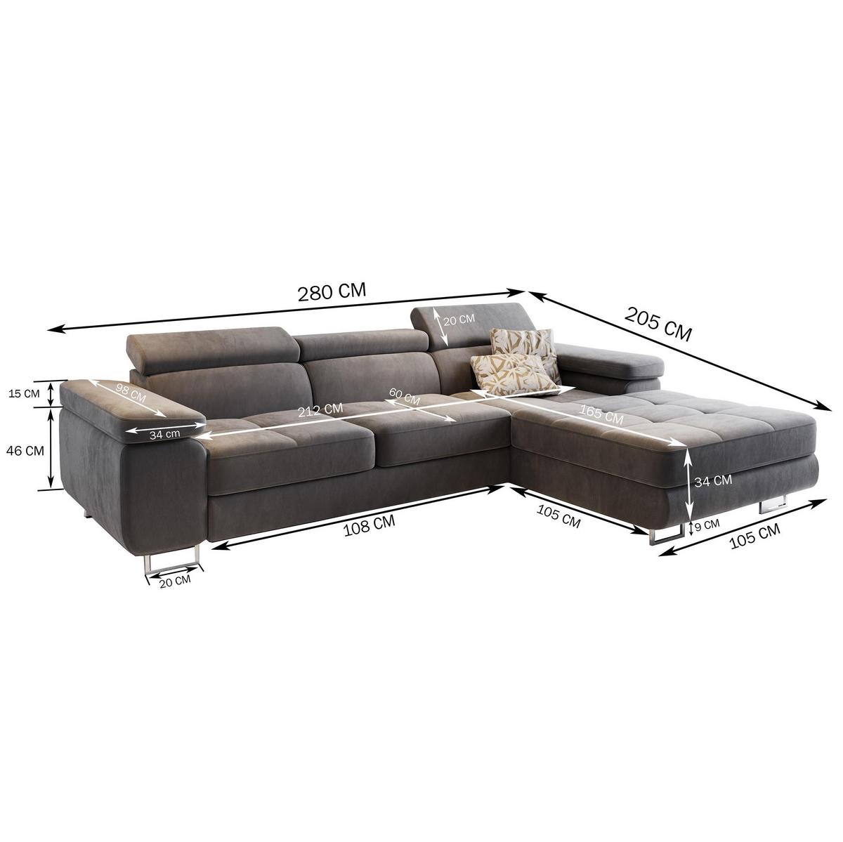 ECKSOFA ELMA L-S Schwarz Velours-Stoff mit Schlaffunktion - Silberfarben/Schwarz, Holz/Textil (280/205cm) - MASSENO