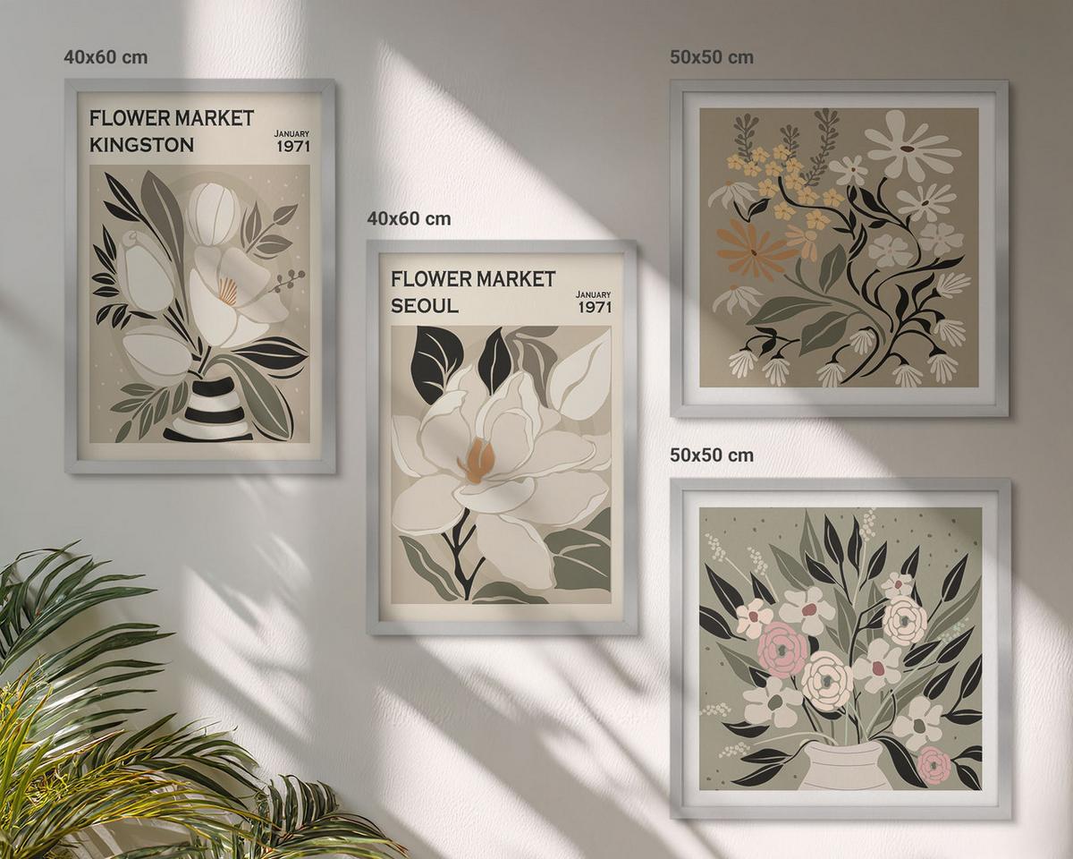 BILDER SET 4er Set - 50x50 cm & 40x60 cm Silberner Rahmen - Retro-Blumen aus Städten rund um die Welt - Silberfarben, Kunststoff (50/50cm) - TULUP