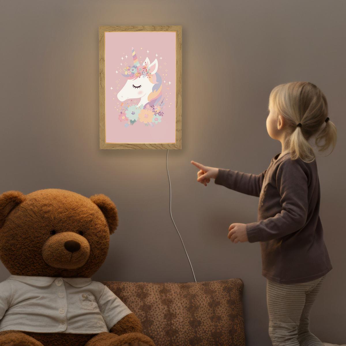 NACHTTISCHLAMPE Einhorn - Rosa - Blumen 20x30 cm - Rosa, Holzwerkstoff (8/20/30cm) - OnlyWow