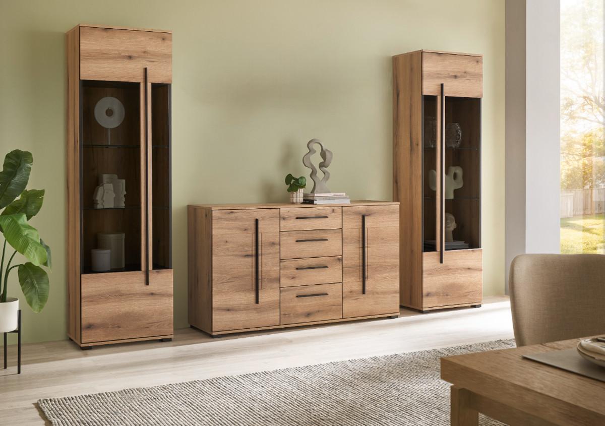 WOHNWAND Eiche Evoke, Wohnkombination 3-teilig mit Beleuchtung - Eichefarben/Schwarz, Glas/Holzwerkstoff (290/200/42cm) - Furn.Design