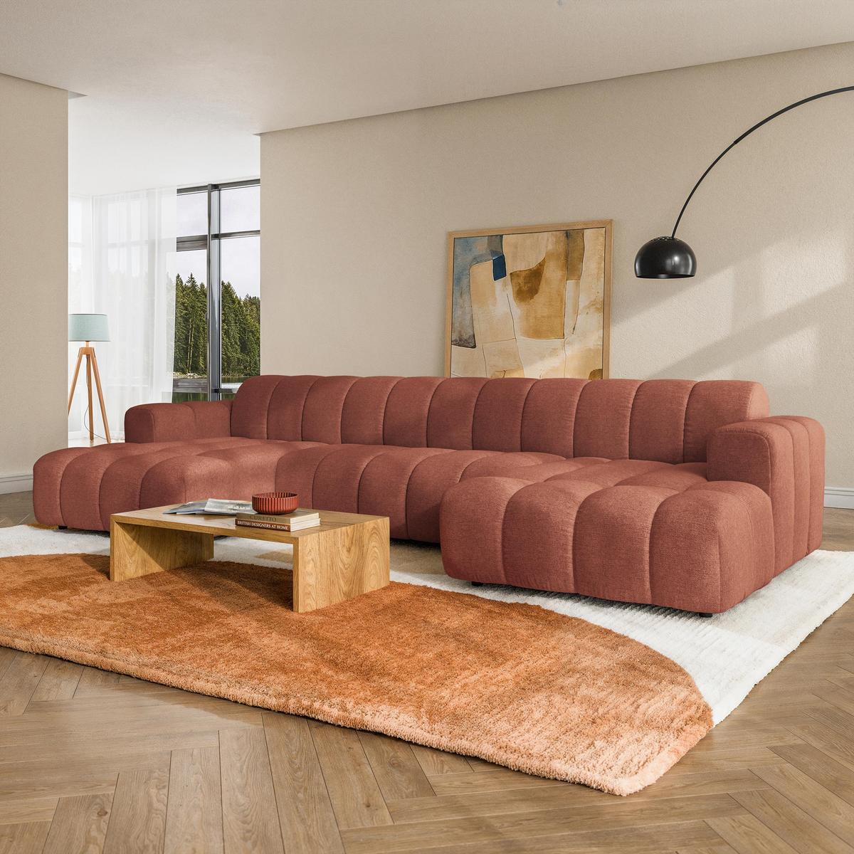 WOHNLANDSCHAFT AENIS Orange Strukturstoff - Orange, Holz (398/85/165cm) - MASSENO