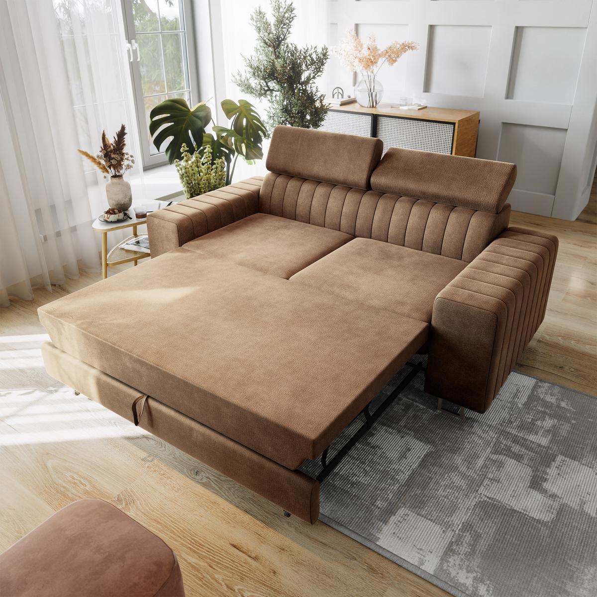 BETTSOFA SOLAN Beige Velours-Stoff mit Schlaffunktion - Beige, Holz/Textil (194/88/90cm) - MASSENO