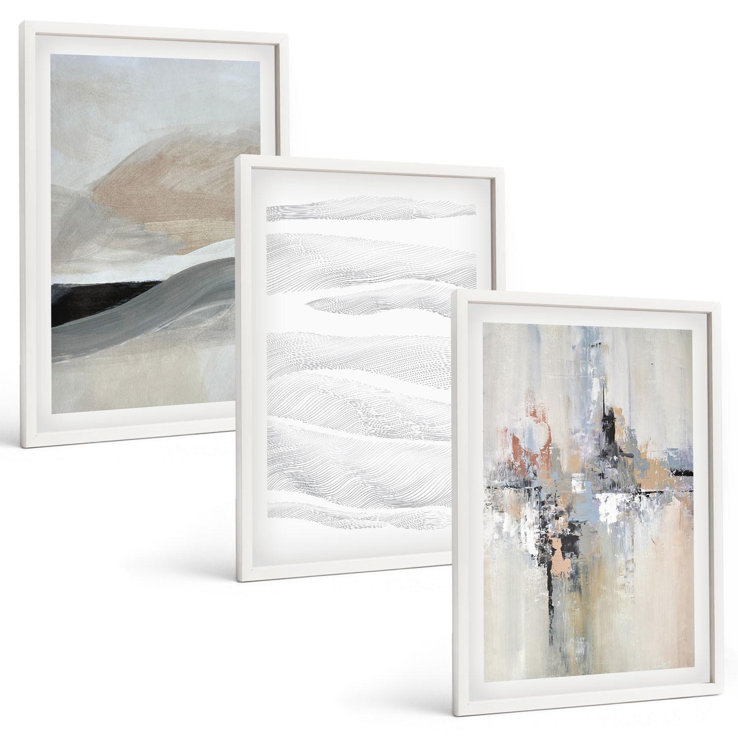 BILDER SET 3er Set - 40x60 cm Weißer Rahmen - Abstrakte Erdmuster - Weiß, Kunststoff (40/60cm) - TULUP