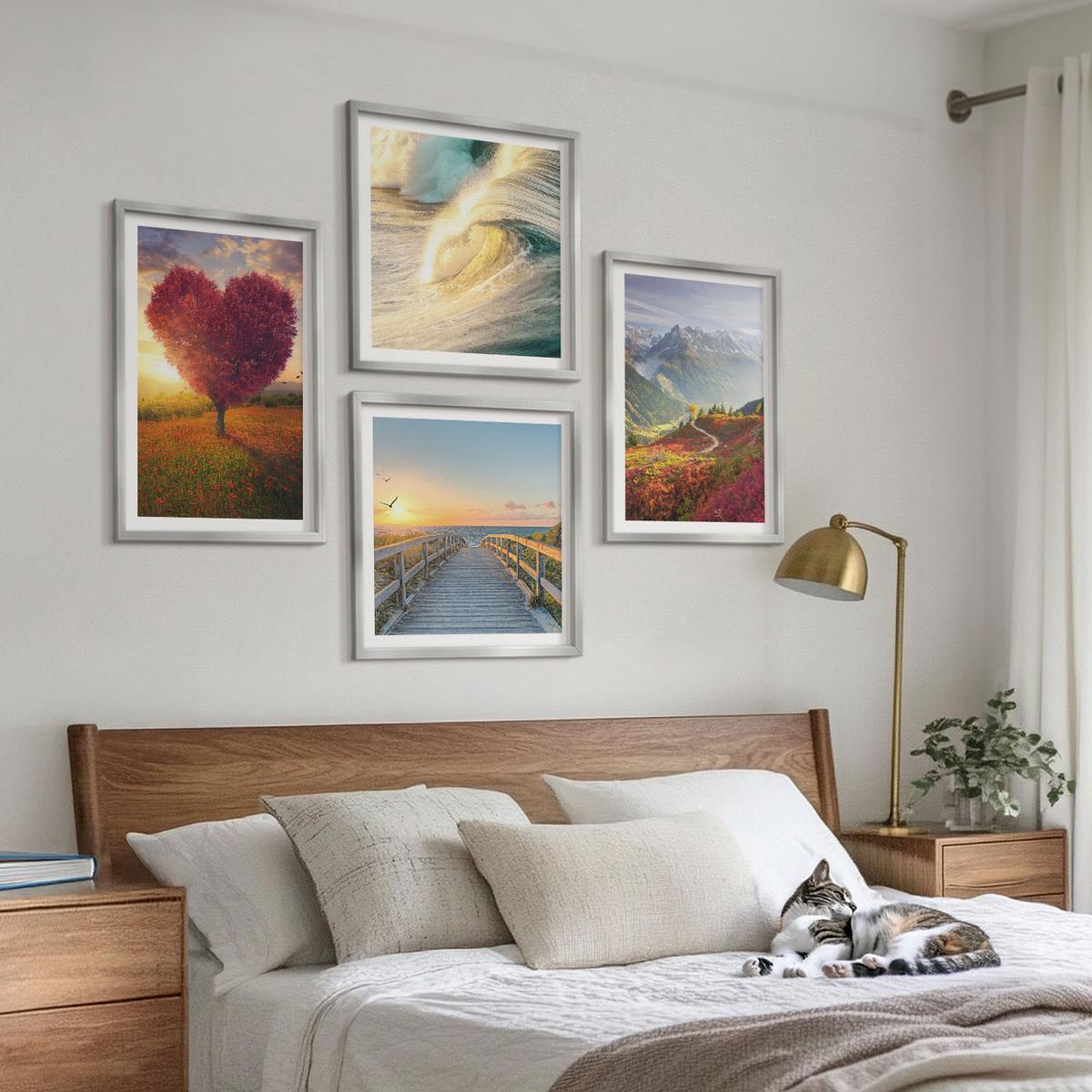 BILDER SET 4er Set - 50x50 cm & 40x60 cm Silberner Rahmen - Landschaften Berge Wellen Baum Herz Pier - Silberfarben, Kunststoff (50/50cm) - TULUP