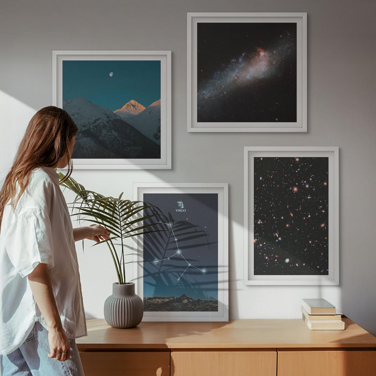 BILDER SET 4er Set - 50x50 cm & 40x60 cm Weißer Rahmen - Jungfrau-Galaxie-Universum - Weiß, Kunststoff (50/50cm) - TULUP