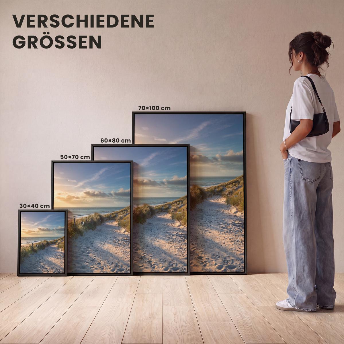 LEINWAND Bilder mit Rahmen - Sonnenuntergang - Strand - Düne - Gras - Ufer - 70x100 - Sandfarben, Textil (70/100cm) - MuchoWow