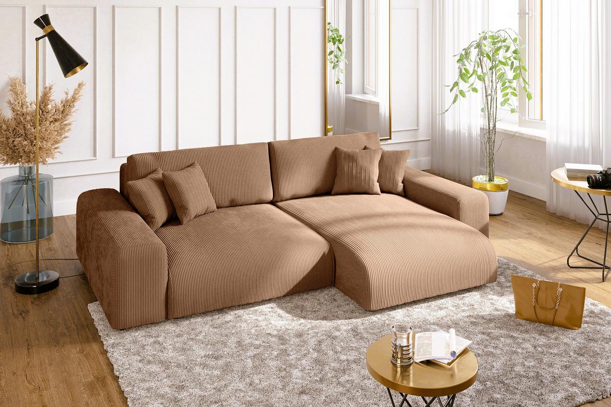 ECKSOFA mit Schlaffunktion, Bettkasten, Wellenunterfederung, seitenverkehrt montierbar B255/T165/H84 cm, Liegefl. 148x196 cm, Cord Hellbraun / 21002 - Hellbraun/Schwarz, Kunststoff/Textil (255/165cm) - luma-home