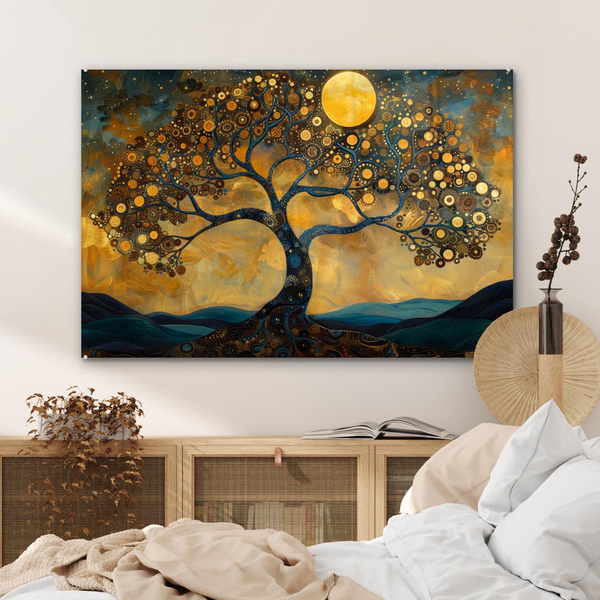 ACRYLGLASBILD Baum - Mond - Blumen - Gold - Kunst Wandbild Schlafzimmer 120x80 cm - Orange, Glas (120/80cm) - MuchoWow