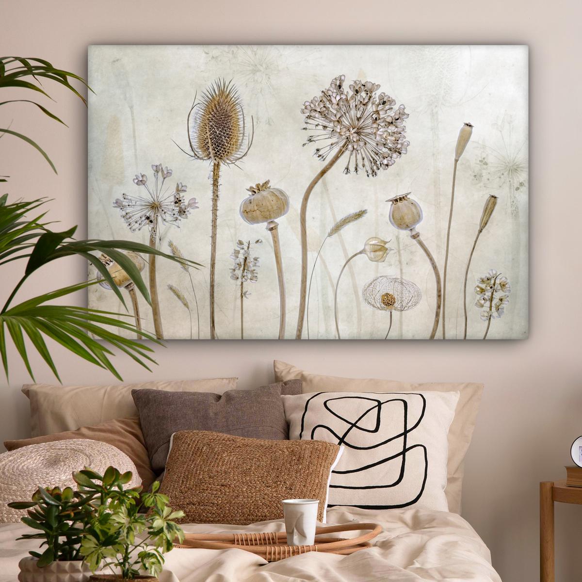 LEINWANDBILD Blumen - Aquarell - Stilleben - Braun - Vintage Groß 140x90 cm - Beige, Textil (140/90cm) - MuchoWow