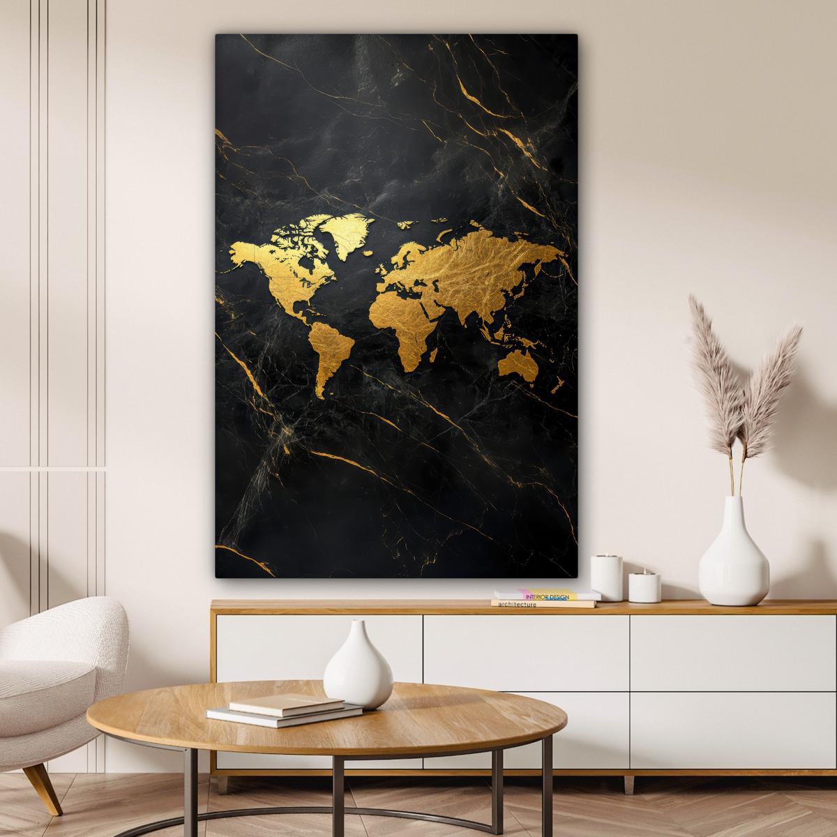 LEINWANDBILD Weltkarte - Gold - Marmor Deko XXL 80x120 cm - Goldfarben, Textil (80/120cm) - MuchoWow