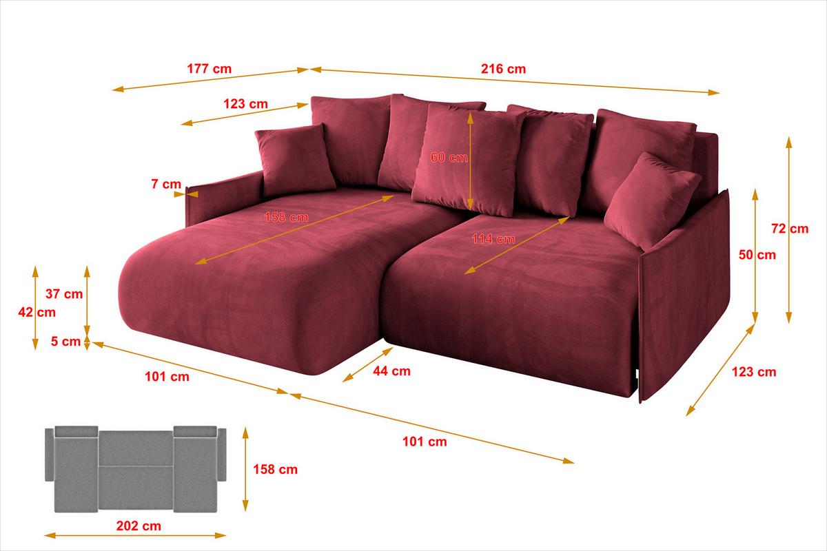 ECKSOFA Ottomane links ONESK-L -v1 216x177x72 Bordeauxrot Velours - Bordeaux, Holzwerkstoff/Kunststoff (216/177cm) - ALTDECOR