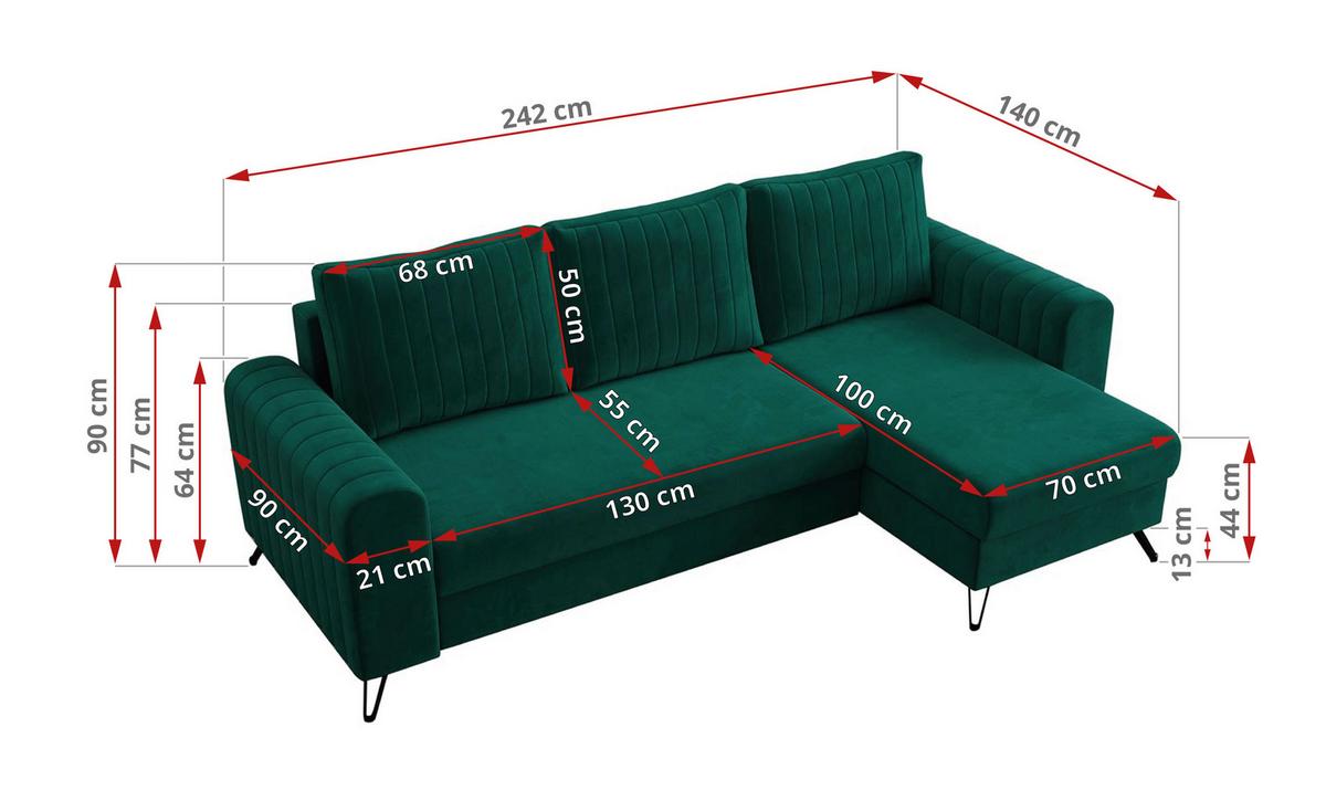 ECKSOFA Axel Velvet Dunkelgrün - Dunkelgrün/Schwarz, Textil/Metall (242/140cm) - MKS