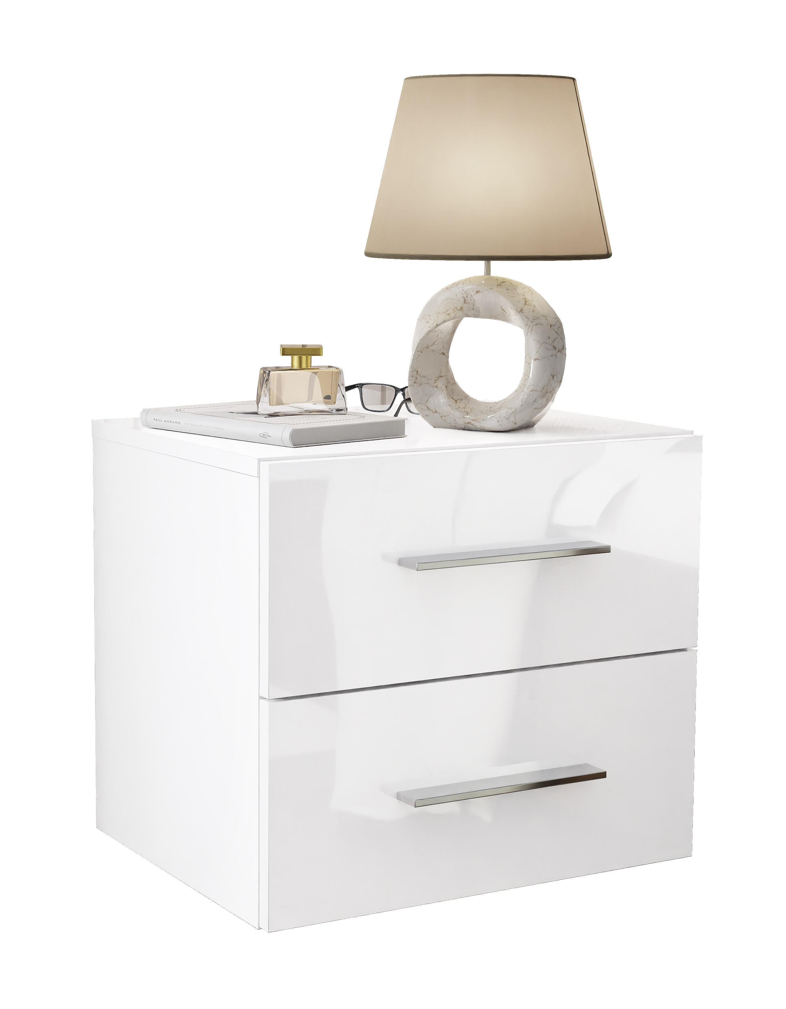 NACHTTISCH LINA LUX hängend mit Hochglanzplatte, Chromgriffe - Silberfarben/Weiß, Holzwerkstoff (45/42/39cm) - Lookway