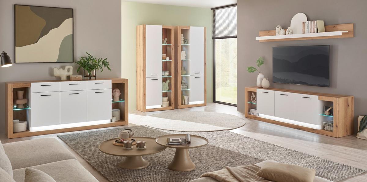 SIDEBOARD weiß matt, Evoke Eiche, Kommode 198 x 83 cm - Eichefarben/Silberfarben, Glas/Holzwerkstoff (198/83/43cm) - Furn.Design