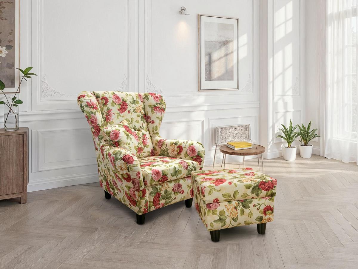 OHRENSESSEL mit HOCKER, hoher Sitzkomfort durch Wellenunterfederung B90/H98/T76 cm, Webstoff Blumenmuster bunt / 18004 - Multicolor/Schwarz, Holz/Textil (90/98/76cm) - luma-home