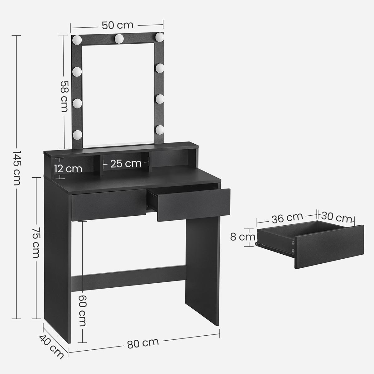 SCHMINKTISCH 1 Schublade, 3 Fächer und 1 Spiegel mit Lampen Schwarz – B80 cm - Schwarz, Holzwerkstoff (40/145/93.5cm) - Calicosy