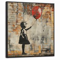 LEINWAND Bilder mit Rahmen - Graffiti - Banksy - Mädchen - Straßenkunst - 90x90 - Sandfarben, Textil (90/90cm) - MuchoWow