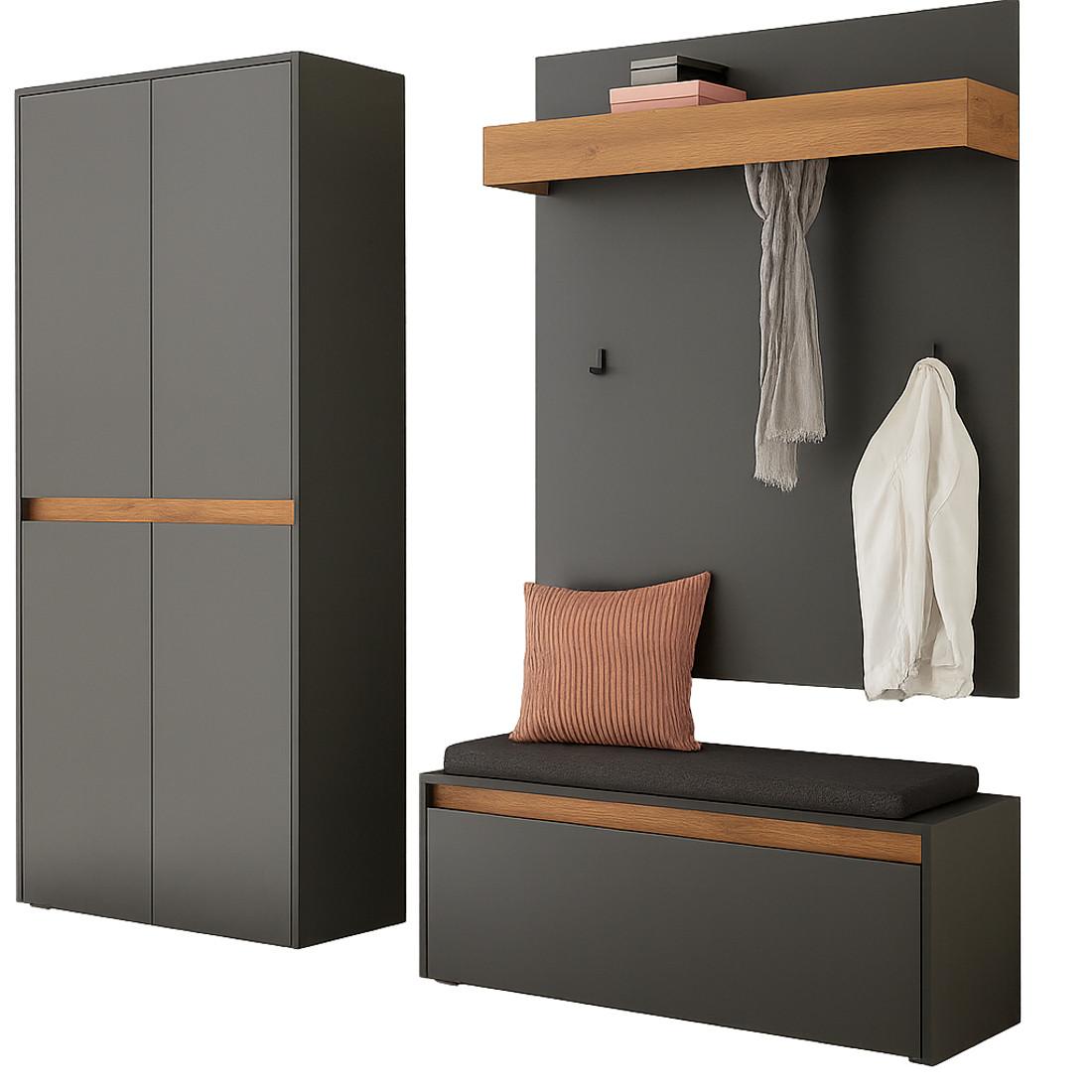 GARDEROBEN-SET grau matt, Eiche Wotan 195 cm 4-teilig, Flurgarderobe mit viel Stauraum - Eiche Wotan/Schwarz, Holzwerkstoff/Kunststoff (195/200/40cm) - Furn.Design