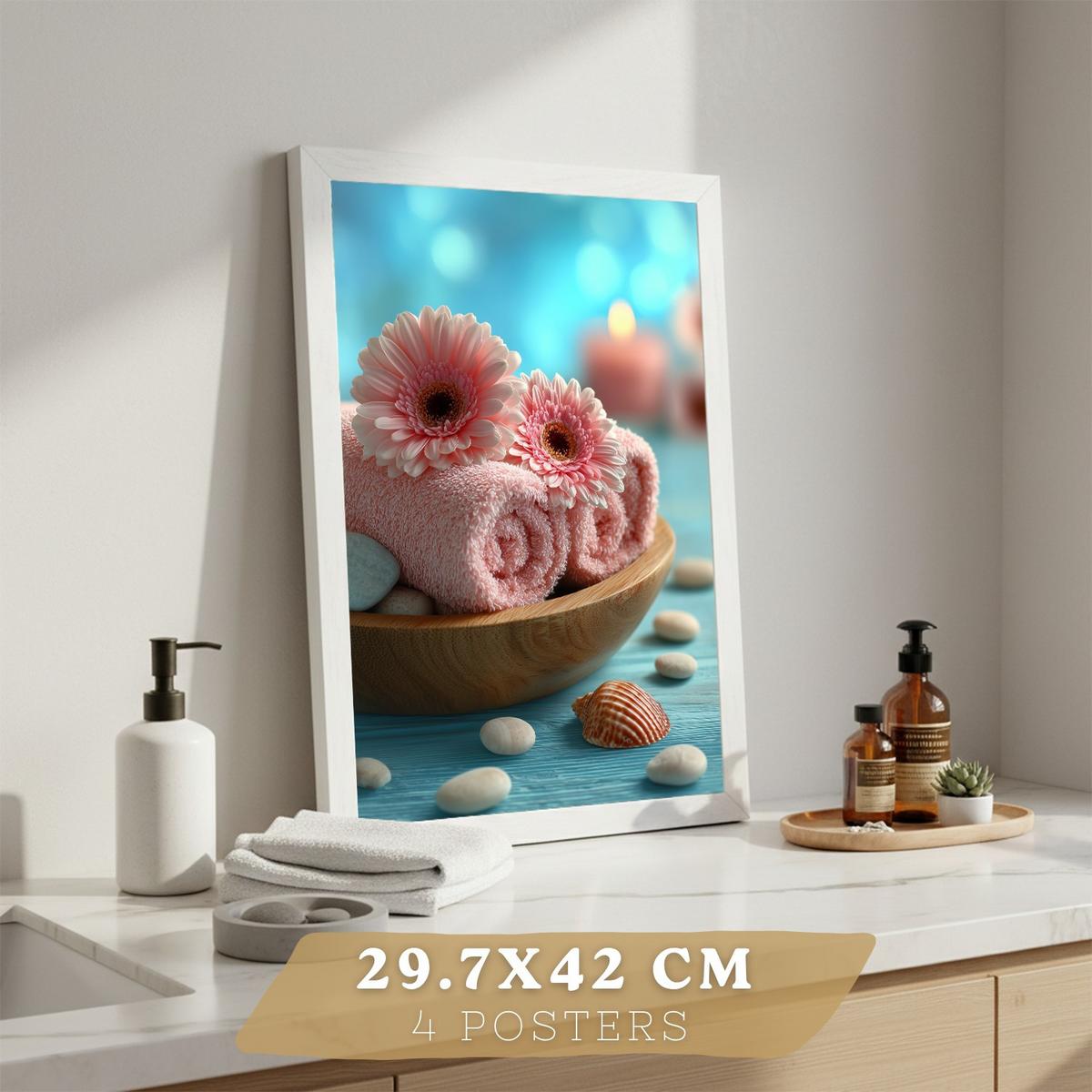 POSTER 4er-Set Badezimmer-Wandposter, Strand-Spa-Poster für Waschbecken, Dusche, WC mit Muscheln, Kerzen, Handtüchern und Meersalz Rahmenlos A3 - Klar, Papier (42/29.7/3cm) - Nacnic