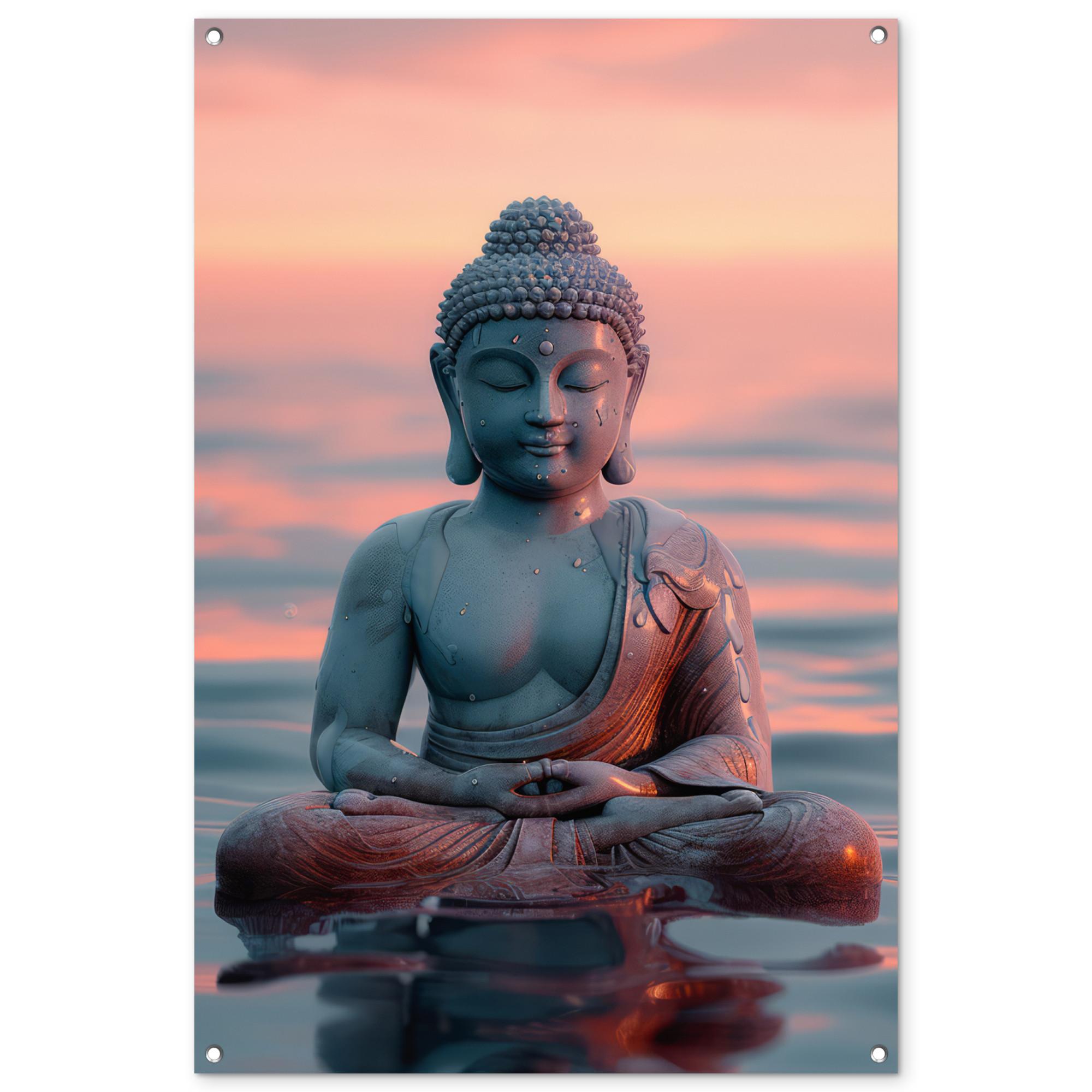 GARTENPOSTER Buddha - Statue - Buddha - Wasser - Kunst - Buddha Outdoor Bilder 80x120 cm - Blaugrau, Kunststoff (80/120/0.2cm) - OnlyWow