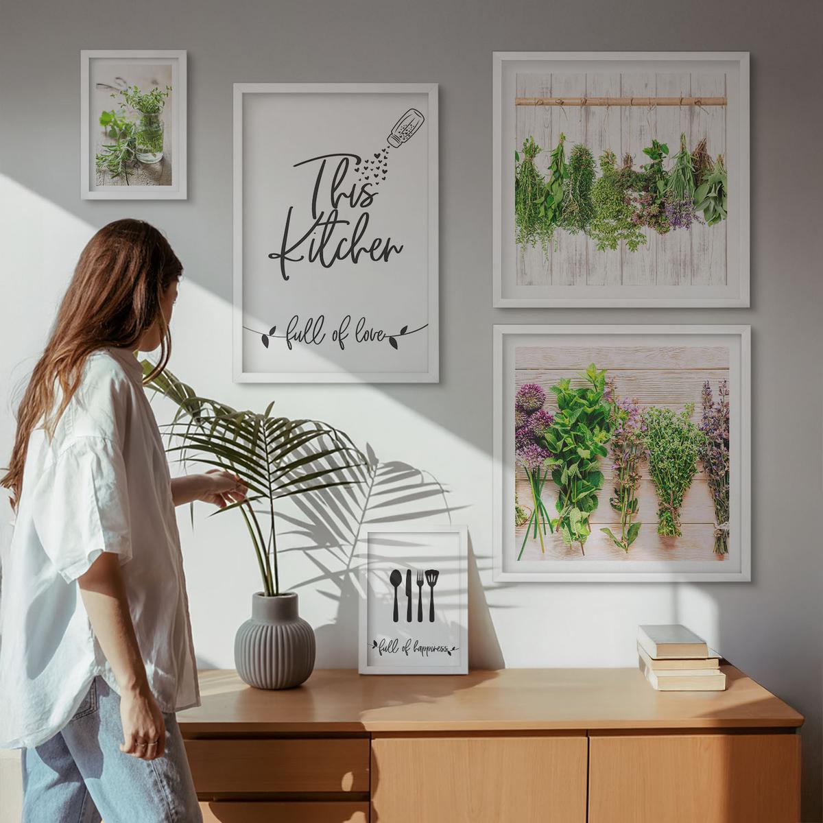 BILDER SET 5er Set - 50x50 cm & 20x30 cm & 40x60 cm Weißer Rahmen - Küchenthema: Getrocknete Kräuter - Weiß, Kunststoff (40/60cm) - TULUP