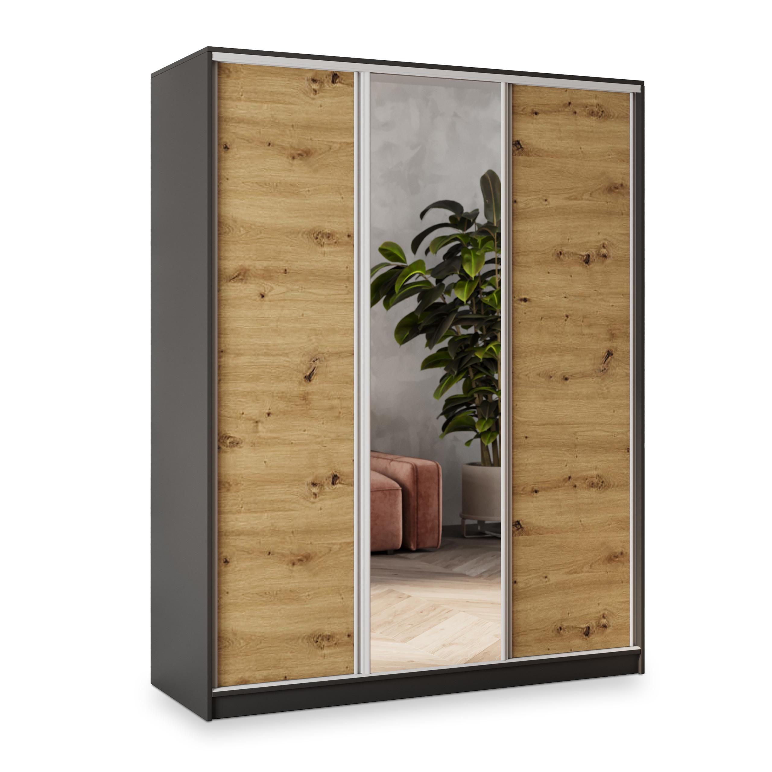 SCHWEBETÜRENSCHRANK SORE 160/205/58 cm 3-türig mit Spiegel und 4 Schubladen Schwarz - Schwarz/Eiche Artisan, Holzwerkstoff (160/205/58cm) - MASSENO