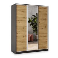 SCHWEBETÜRENSCHRANK SORE 160/205/58 cm 3-türig mit Spiegel und 4 Schubladen Schwarz - Schwarz/Eiche Artisan, Holzwerkstoff (160/205/58cm) - MASSENO