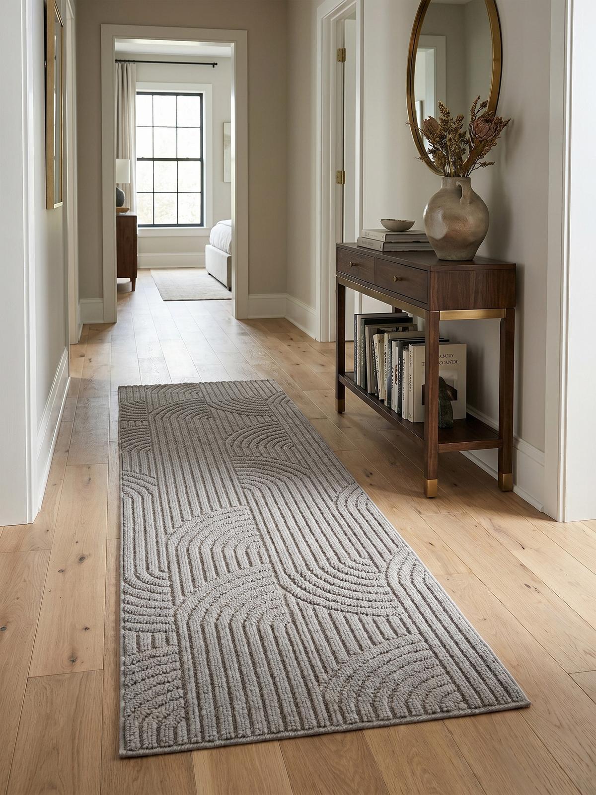 TEPPICH Flachgewebe LANGAU in Silber, mit geometrischen Bögen, 80 x 250 cm - Silberfarben, Textil (250/80cm) - KADIMA DESIGN
