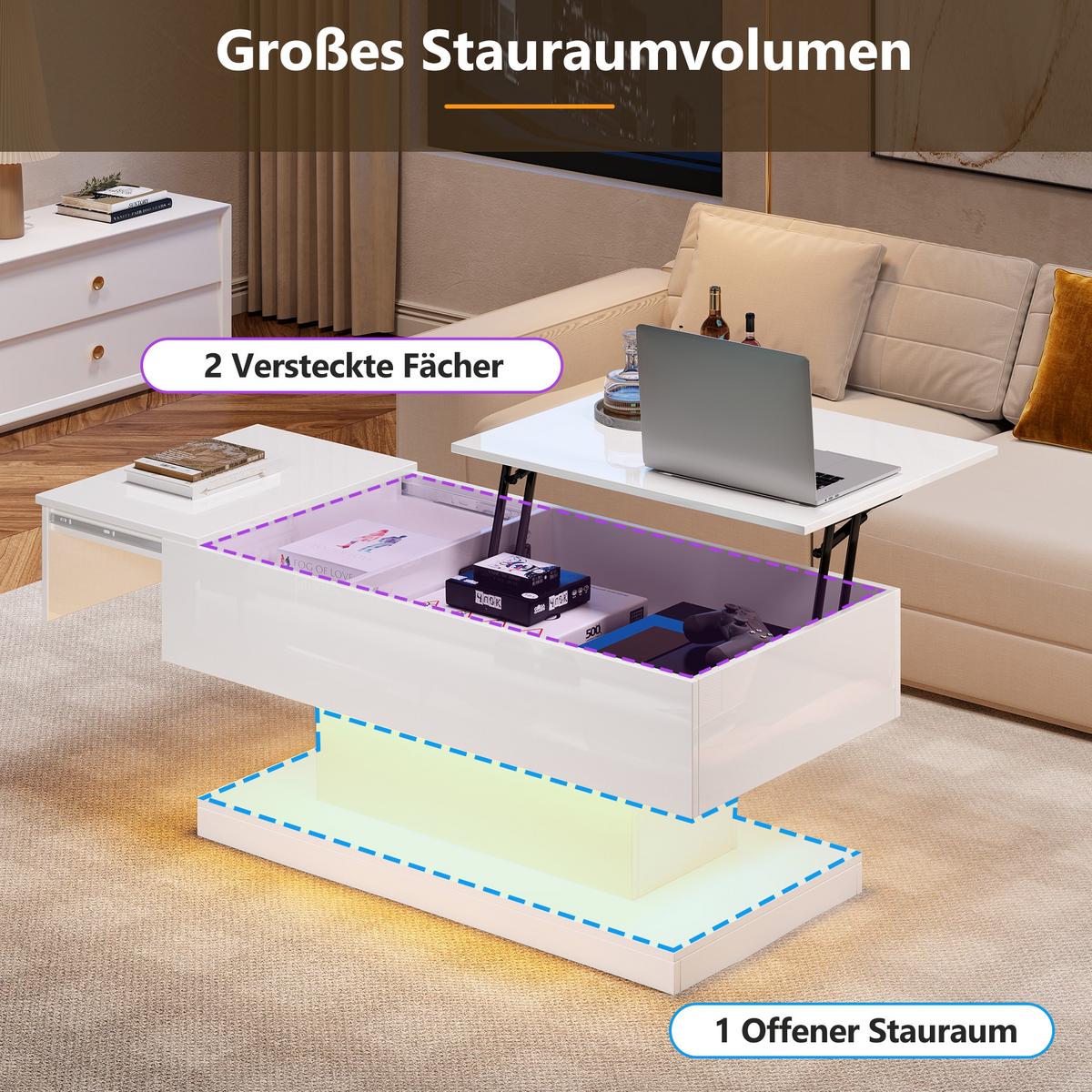 COUCHTISCH Weiß Hochglanz mit Stauraum & Lift-Top - Weiß, Holzwerkstoff/Metall (50/100/45cm) - Urban Meuble