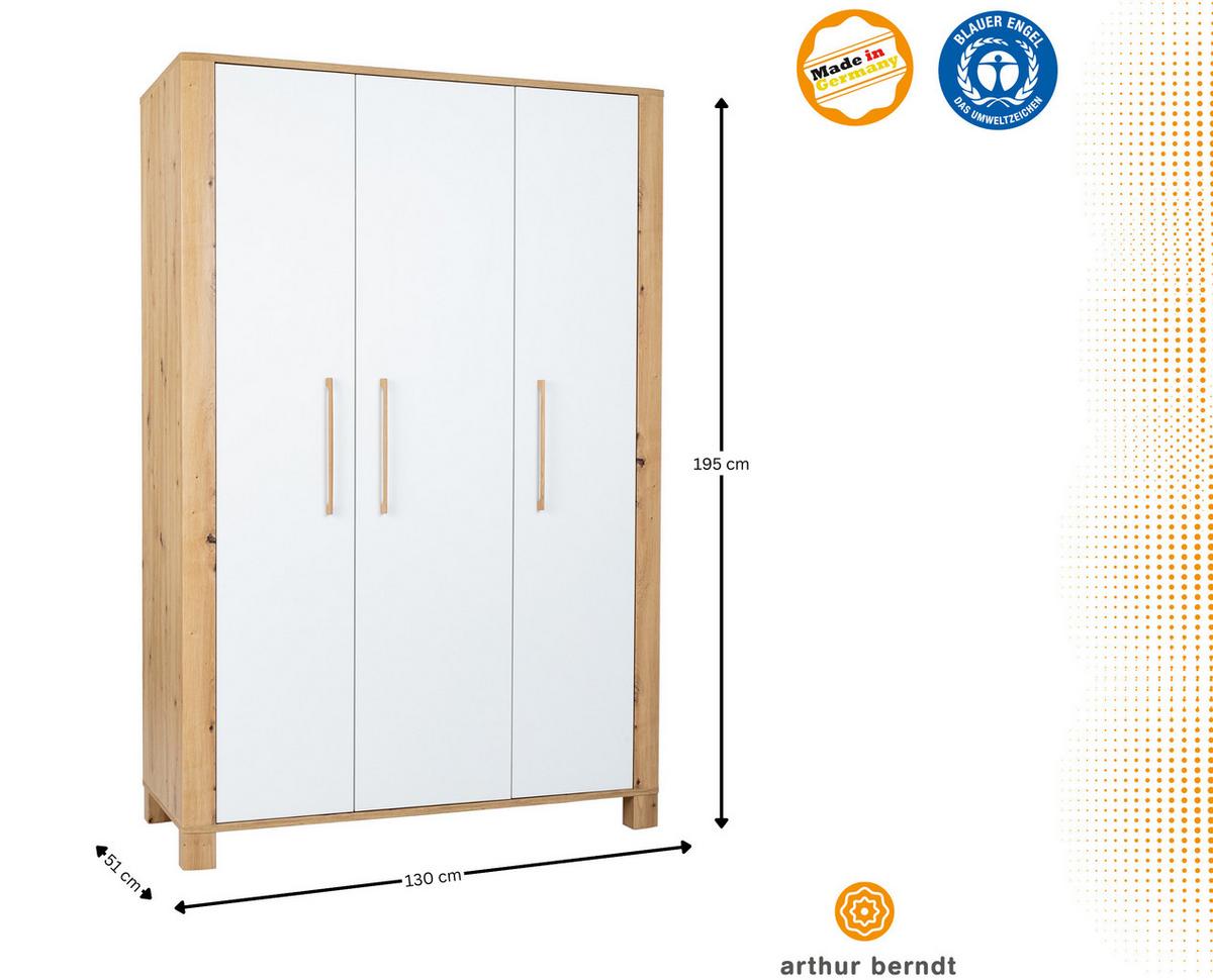 KLEIDERSCHRANK Marlon 130/195/51 cm Oak / Kreideweiß - Weiß/Eiche Artisan, Holzwerkstoff (130/195/51cm) - arthur berndt