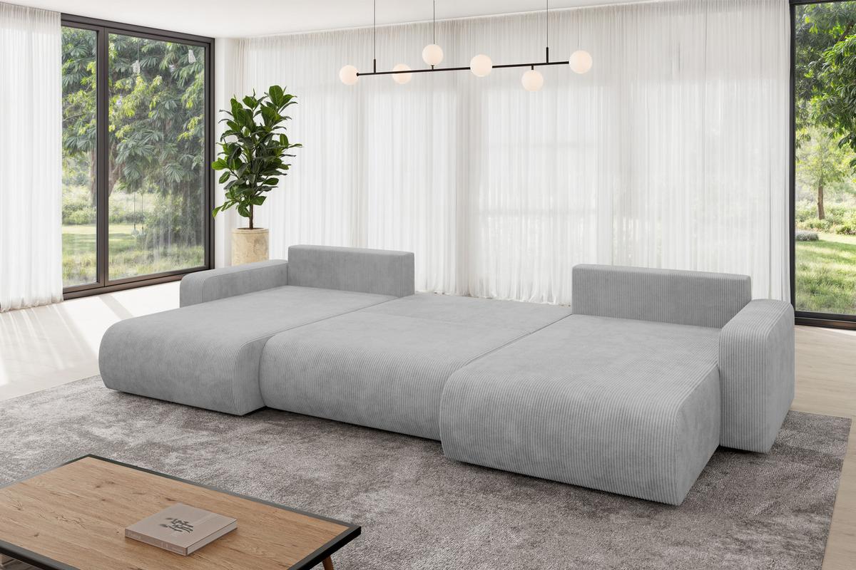WOHNLANDSCHAFT mit Schlaffunktion und Bettkasten BERY-U 377x193x88 Grau Cord - Schwarz/Grau, Holzwerkstoff/Kunststoff (377/88/193cm) - ALTDECOR