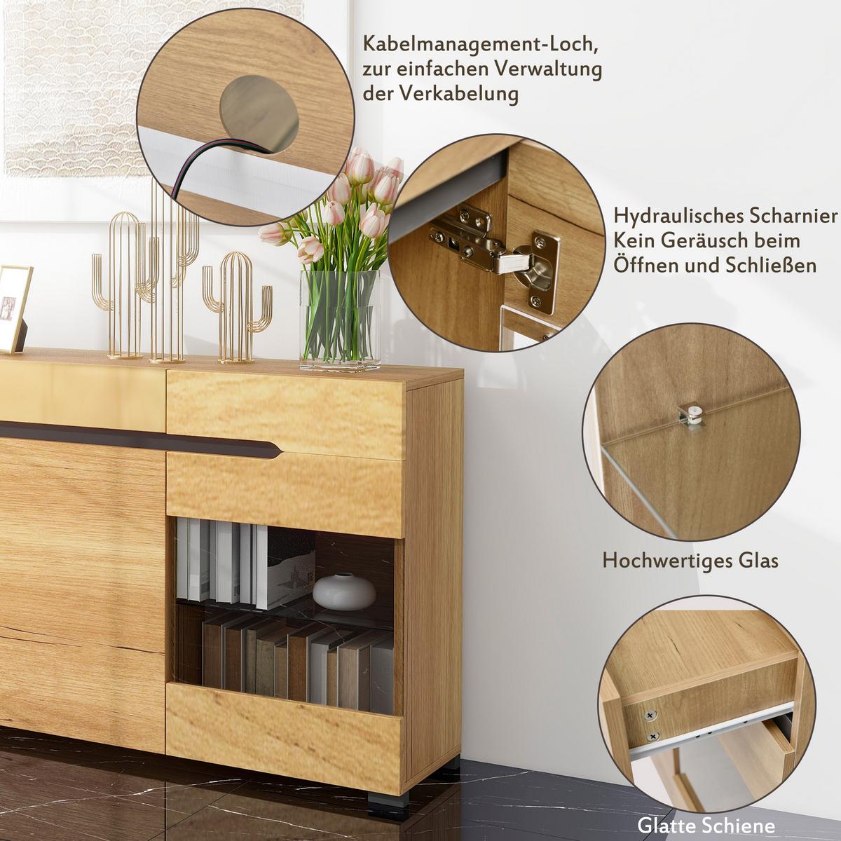 SIDEBOARD mit LED-Beleuchtung und Kabelführung, 140/35/35 cm - Eiche San Remo, Glas/Holzwerkstoff (140/80/35cm) - Urban Meuble