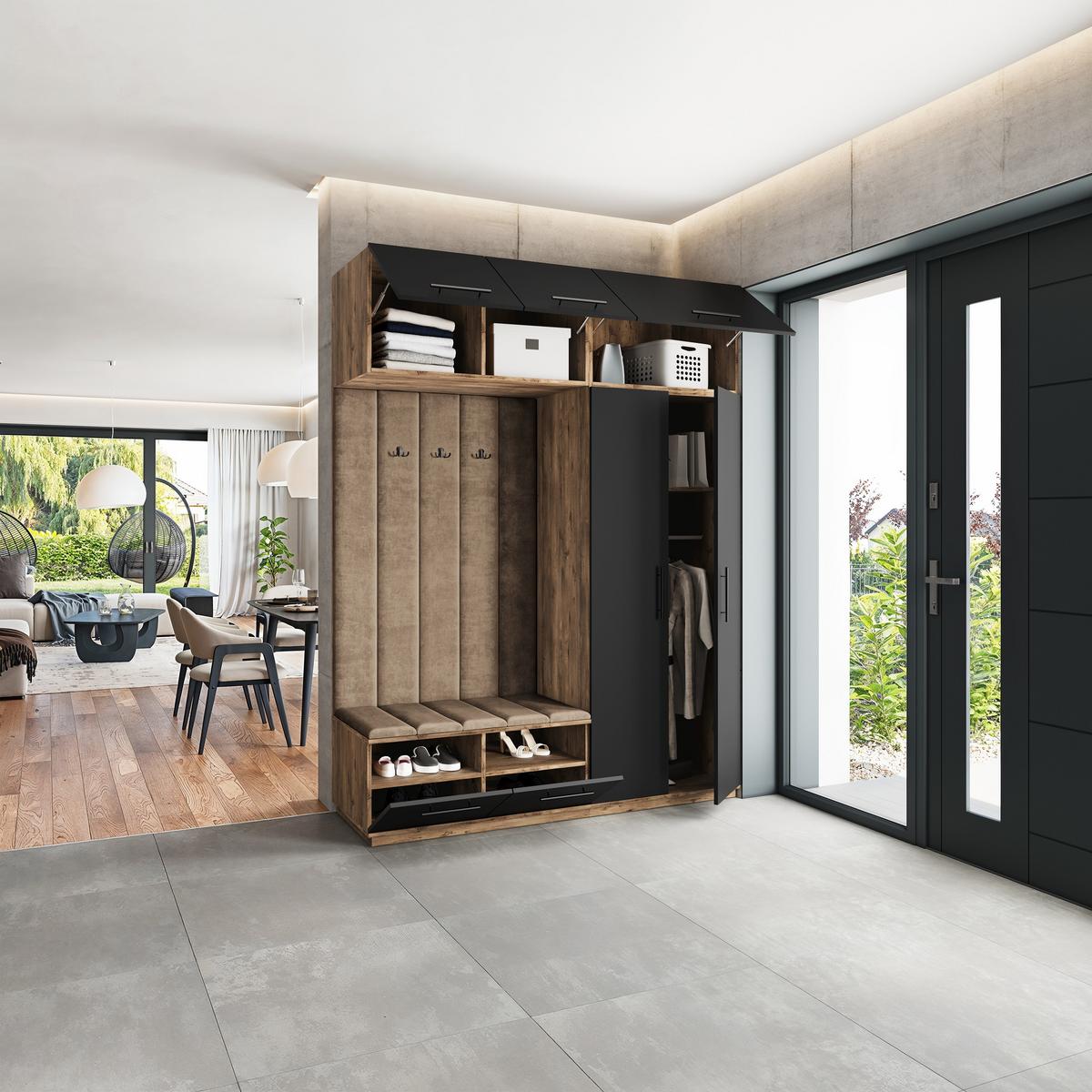 GARDEROBENSCHRANK REMA 180/240/60 cm Modern Garderobe-Set Eiche Lefkas - Eichefarben/Schwarz, Holzwerkstoff (180/240/60cm) - MASSENO