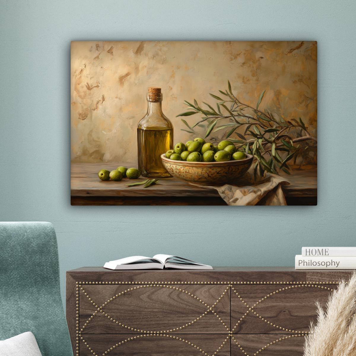 LEINWANDBILD Oliven - Stilleben - Vintage Wanddeko 90x60 cm - Olivgrün, Textil (90/60cm) - MuchoWow
