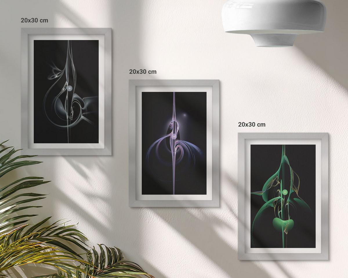 BILDER SET 3er Set - 20x30 cm Silberner Rahmen - Abstrakte schwarze Farbmuster - Silberfarben, Kunststoff (20/30cm) - TULUP
