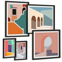 BILDER SET 5er Set - 50x50 cm & 20x30 cm & 40x60 cm Schwarzer Rahmen - Farbenfrohe moderne Gebäude - Schwarz, Kunststoff (40/60cm) - TULUP