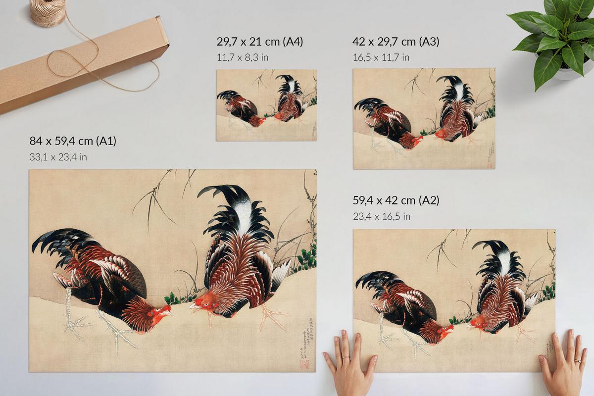 POSTER - 59x42 cm (A2) - Hokusai - Hähne - Creme, Textil (59.4/42/0.1cm) - TULUP
