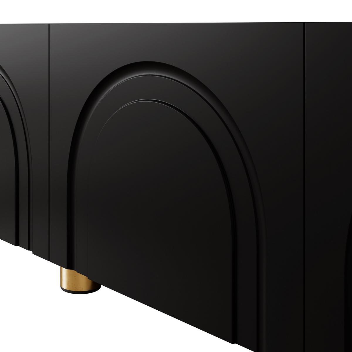 TV-LOWBOARD Schwarz 180cm mit 3D-Bogenrelief 4 Türen & Metallfüßen - Schwarz, Holzwerkstoff (180/40/35cm) - Urban Meuble