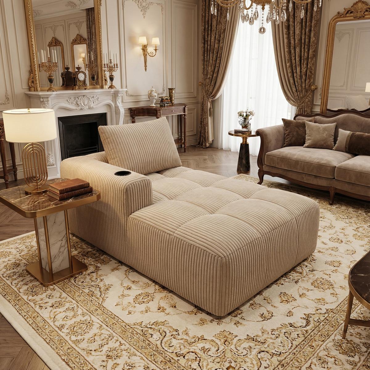 CHAISELONGUE in Cord (158 cm) mit Getränkehalter & Seitentaschen - Taupe, Textil (158/61/93cm) - Urban Meuble