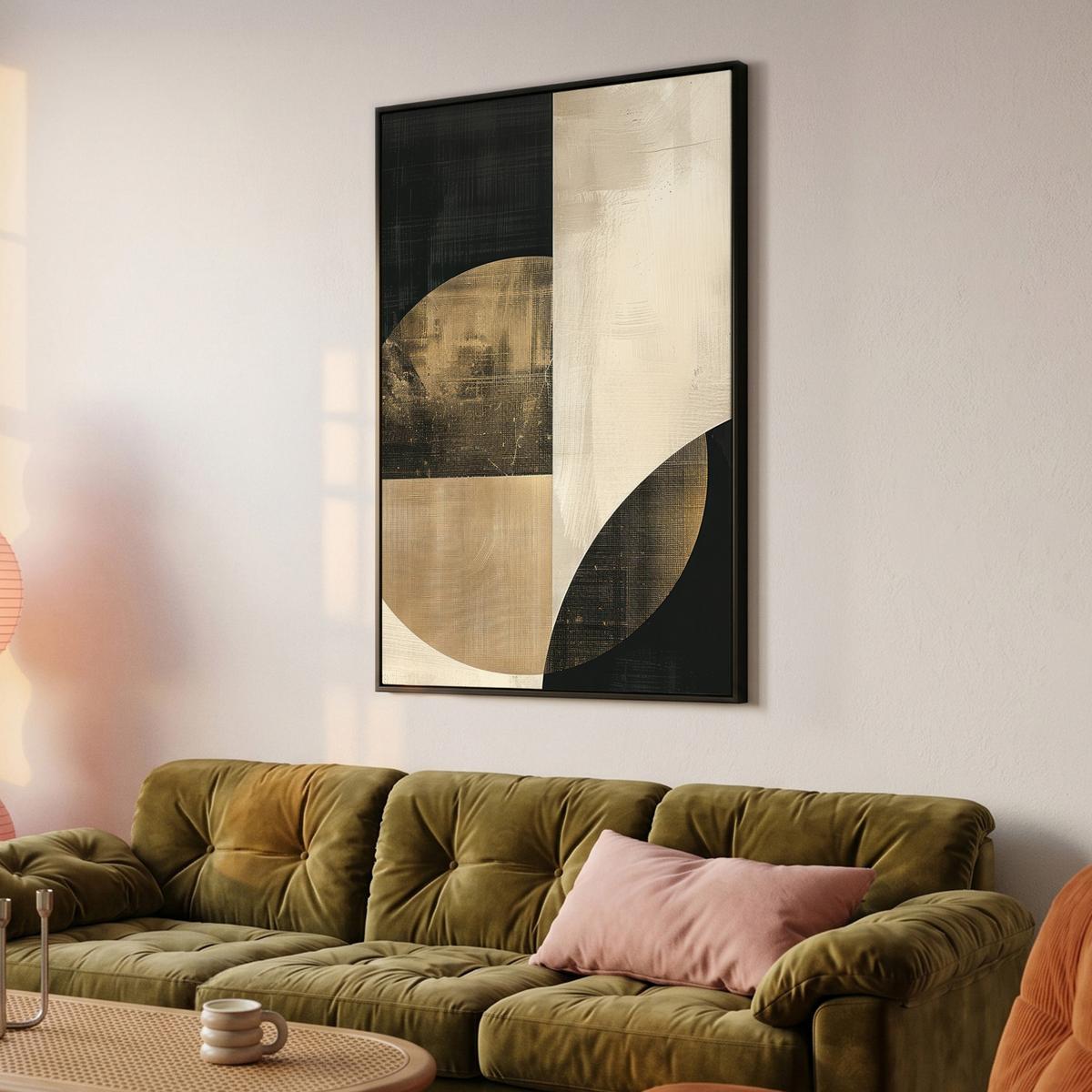 LEINWAND Bilder mit Rahmen - Abstrakt - Geometrische Formen - Schwarz - Gold - 90x140 - Ecru, Textil (90/140cm) - MuchoWow