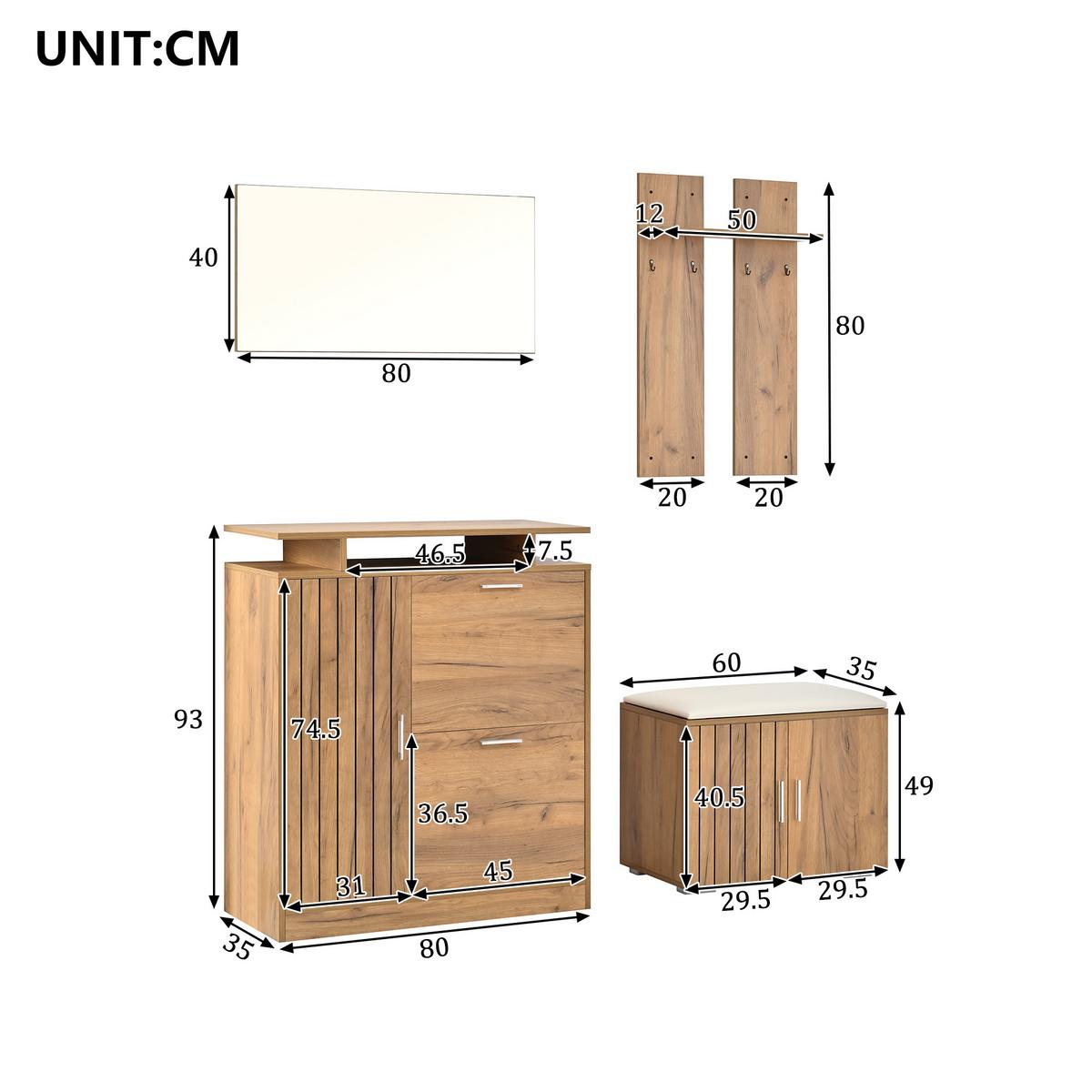 GARDEROBEN-SET 140 cm Natur – Flurmöbel mit Spiegel, Schuhbank & 5 Türen Modern - Naturfarben, Holzwerkstoff (140/133/35cm) - Urban Meuble